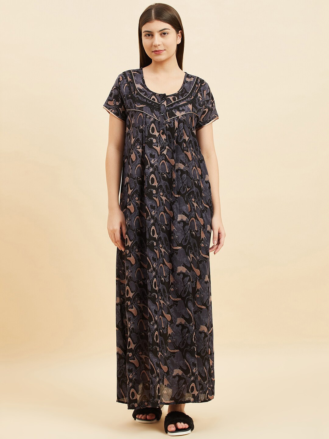 

Sweet Dreams Black Abstract Printed Pure Cotton Maxi Nightdress