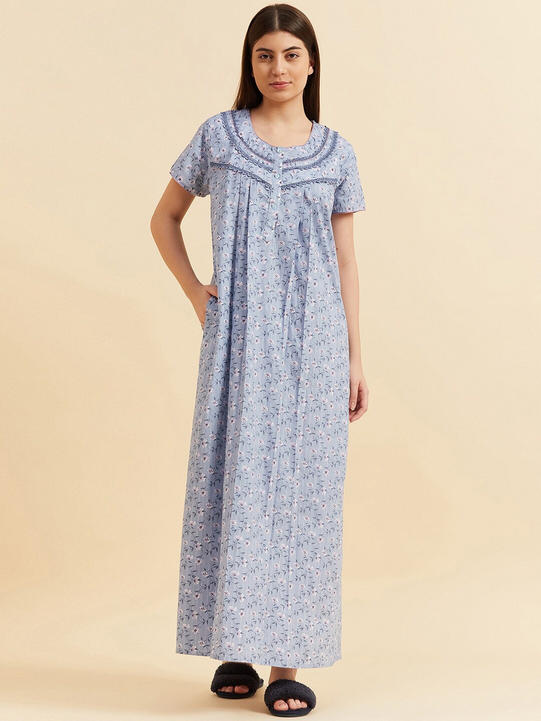 

Sweet Dreams Grey Floral Printed Pure Cotton Maxi Nightdress