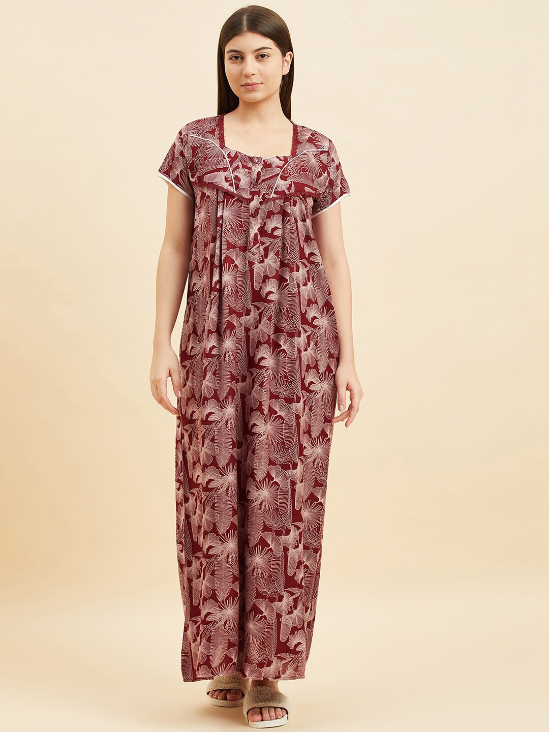 

Sweet Dreams Maroon Floral Printed Square Neck Pure Cotton Maxi Nightdress