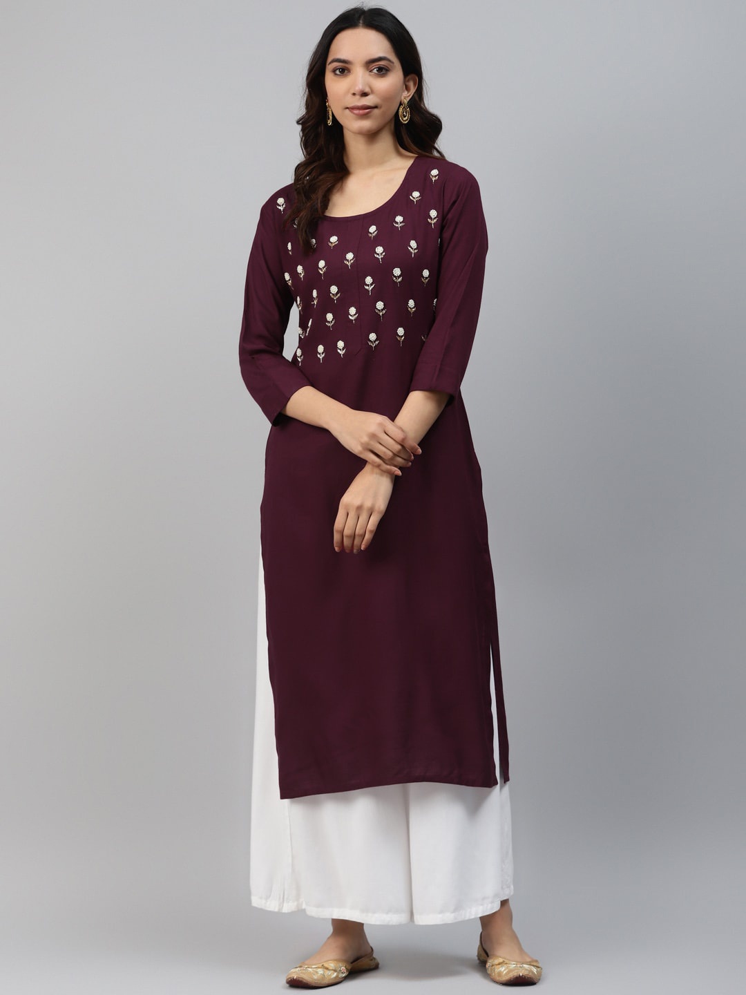 

JC4U Floral Yoke Design Beads and Stones Straight Kurta, Burgundy
