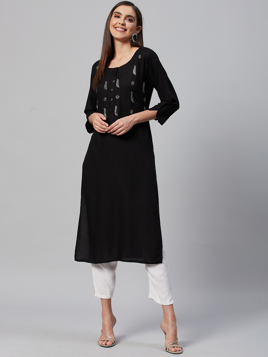 

JC4U Floral Yoke Design Beads and Stones Straight Kurta, Black