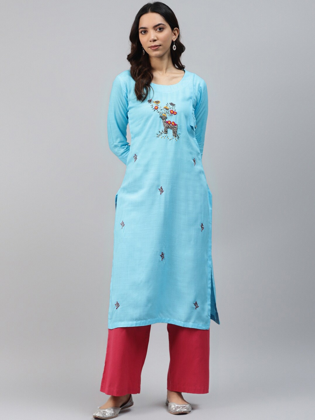 

JC4U Floral Embroidered Zardozi Straight Kurta, Blue