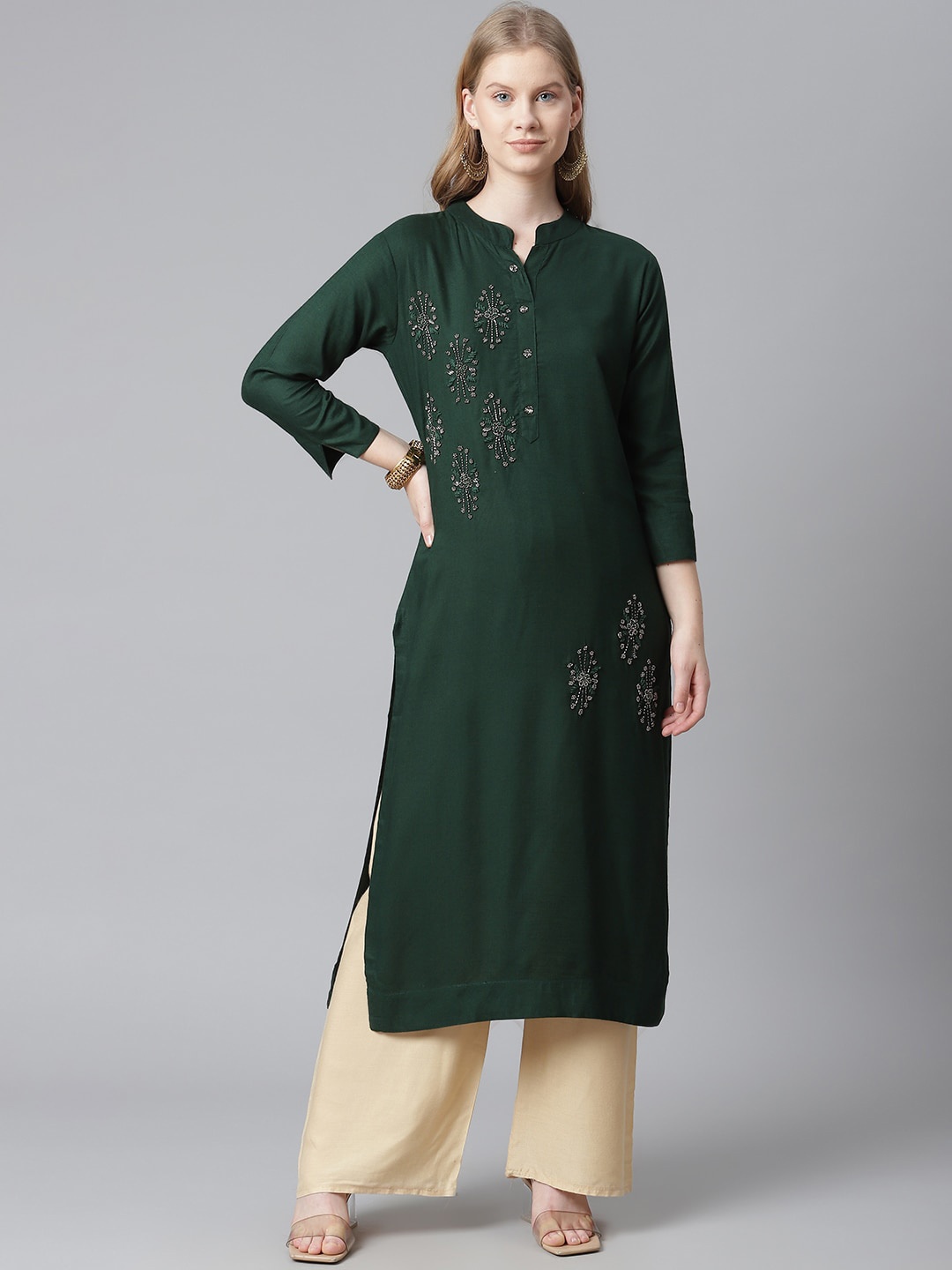 JC4U Embroidered Mandarin Collar Kurta, Green