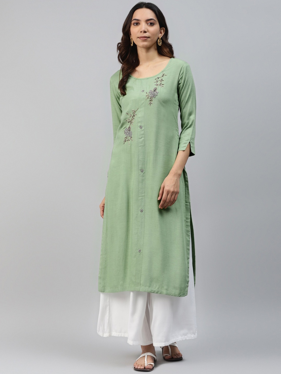 

JC4U Floral Embroidered Zardozi Straight Kurta, Green
