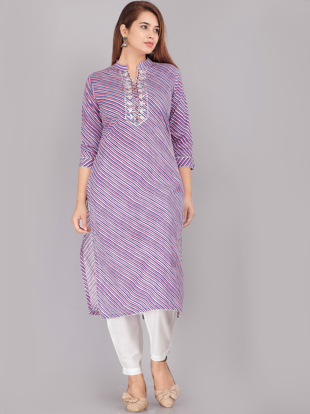 

JC4U Striped Mandarin Collar Gotta Patti Straight Kurta, Purple