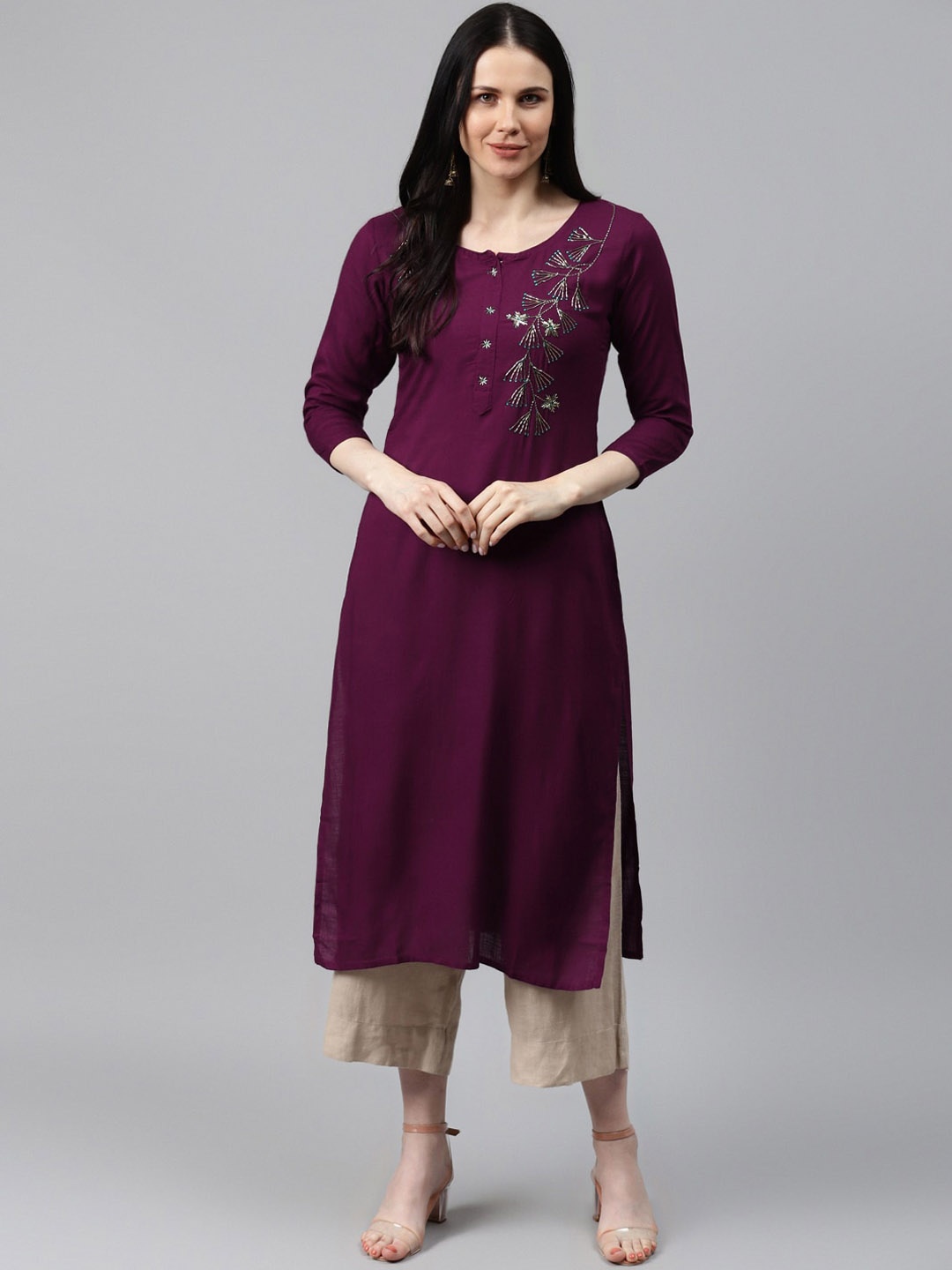 

JC4U Floral Embroidered Zardozi Straight Kurta, Burgundy