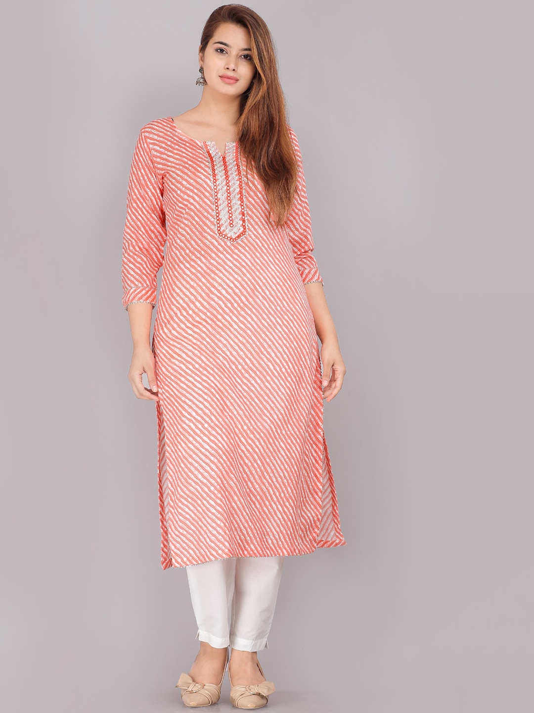 

JC4U Leheriya Printed Gotta Patti Cotton Regular Kurta, Orange