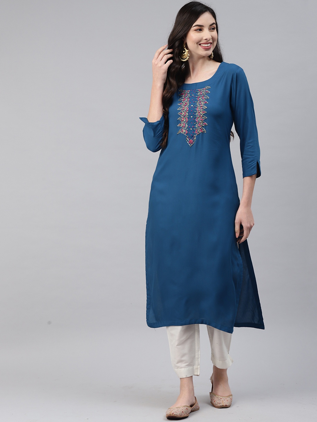 

JC4U Yoke Design Thread Work Kurta, Teal