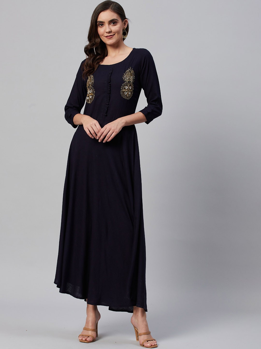 

JC4U Ethnic Motifs Beads & Stones Embroidered Cotton A-Line Kurta, Navy blue