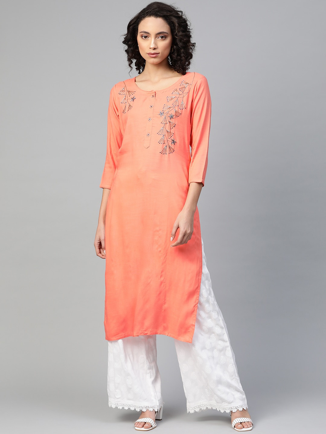 

JC4U Floral Embroidered Beads & Stones Straight Kurta, Orange