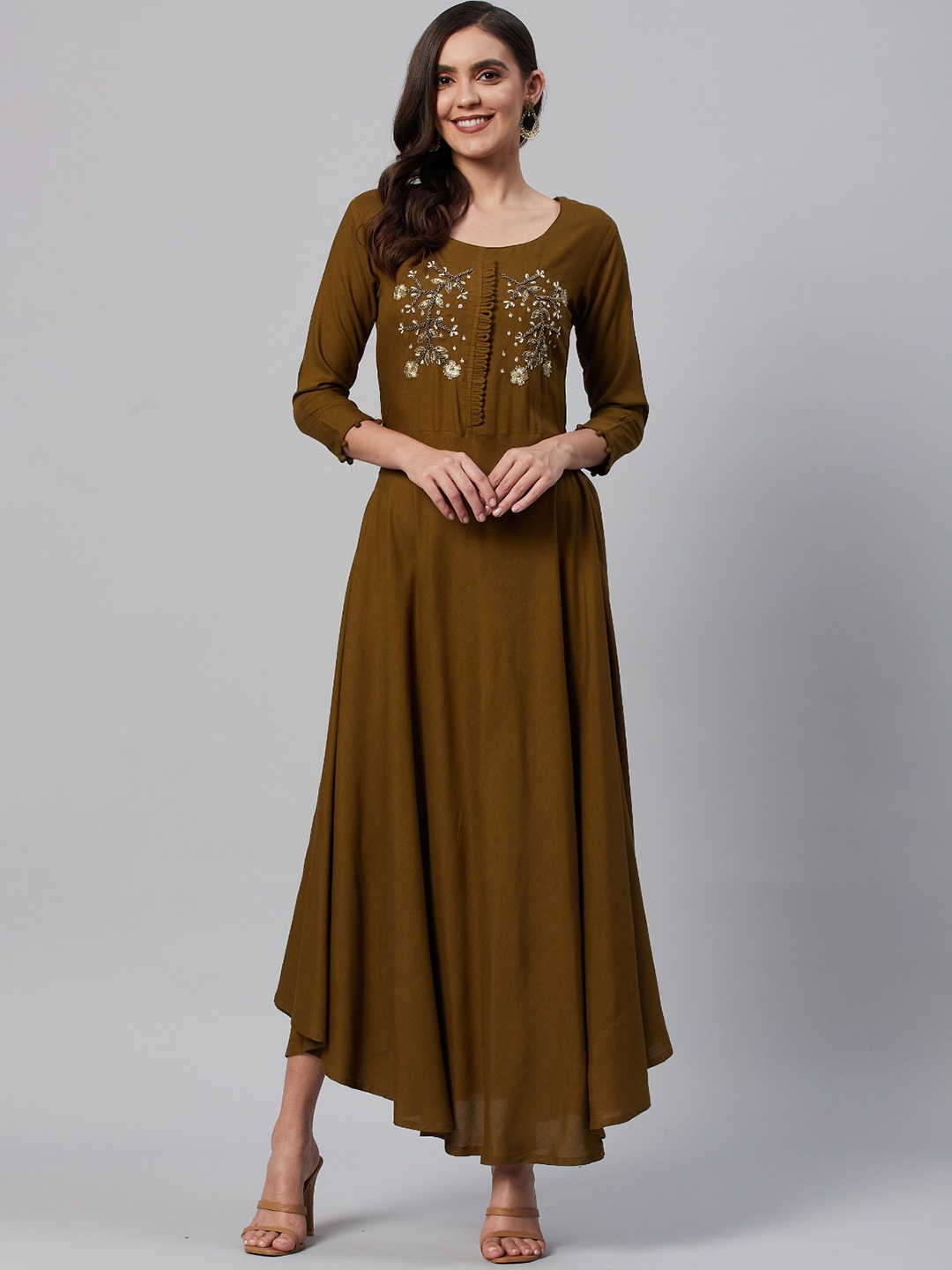 

JC4U Embellished Round Neck Embroidered Cotton Fit & Flare Ethnic Dress, Olive