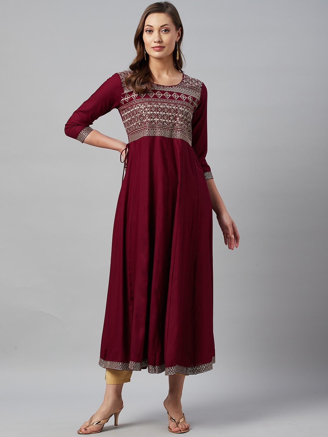 

JC4U Ethnic Motifs Yoke Design Thread Work & Sequined Anarkali Kurta, Maroon