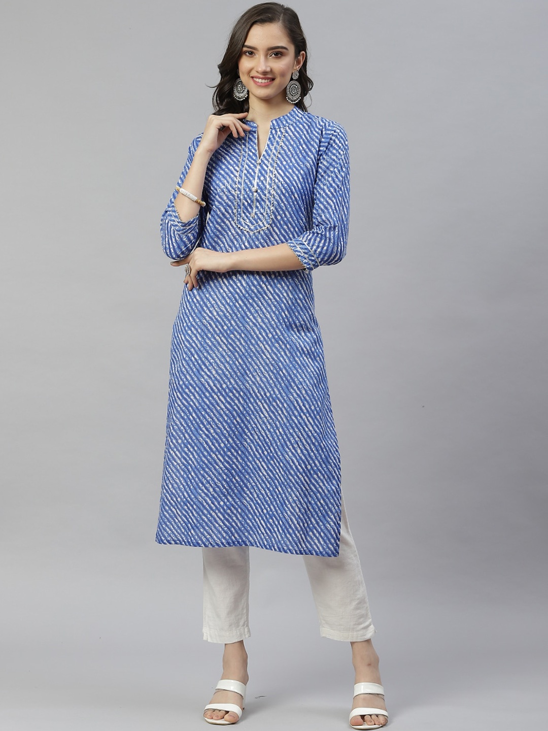 

JC4U Leheriya Printed Gotta Patti Cotton Regular Kurta, Blue