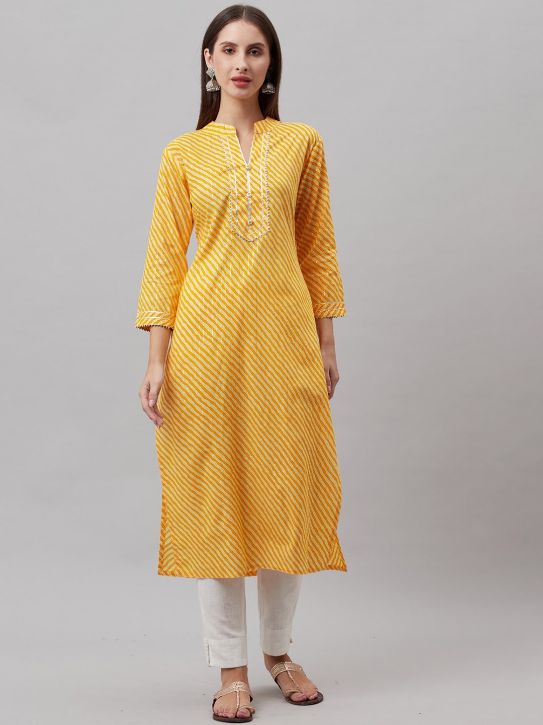 JC4U Striped Mandarin Collar Gotta Patti Straight Kurta, Yellow