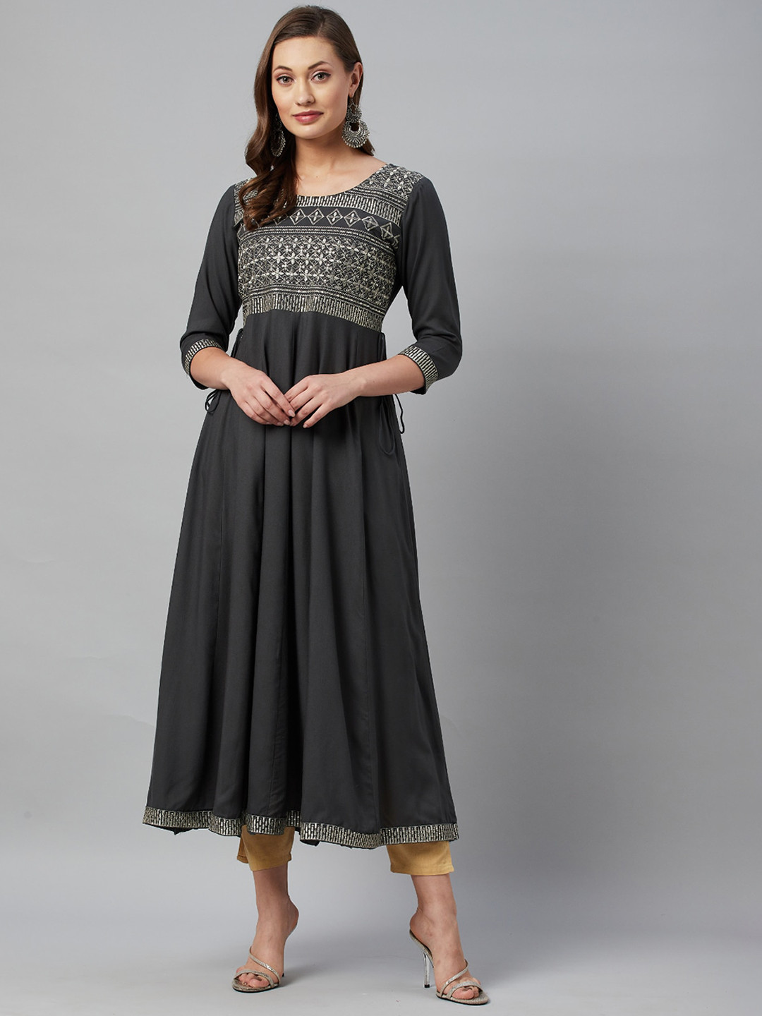 

JC4U Floral Yoke Design Thread Work Cotton Anarkali Kurta, Grey