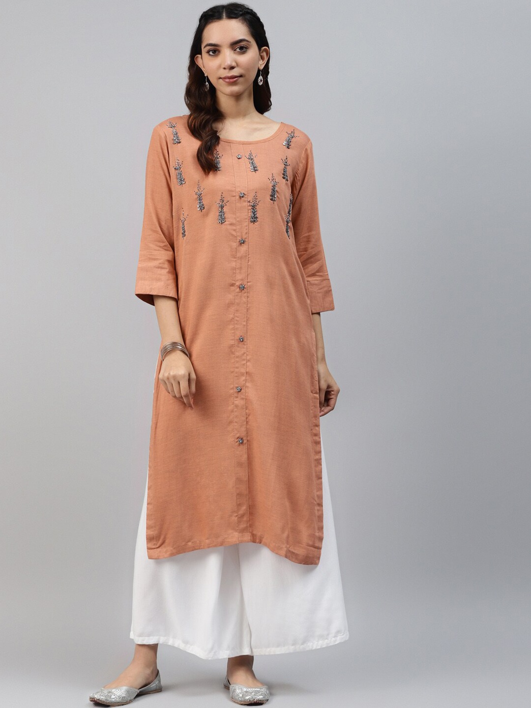 

JC4U Ethnic Motifs Embroidered Beads & Stones Regular Kurta, Peach