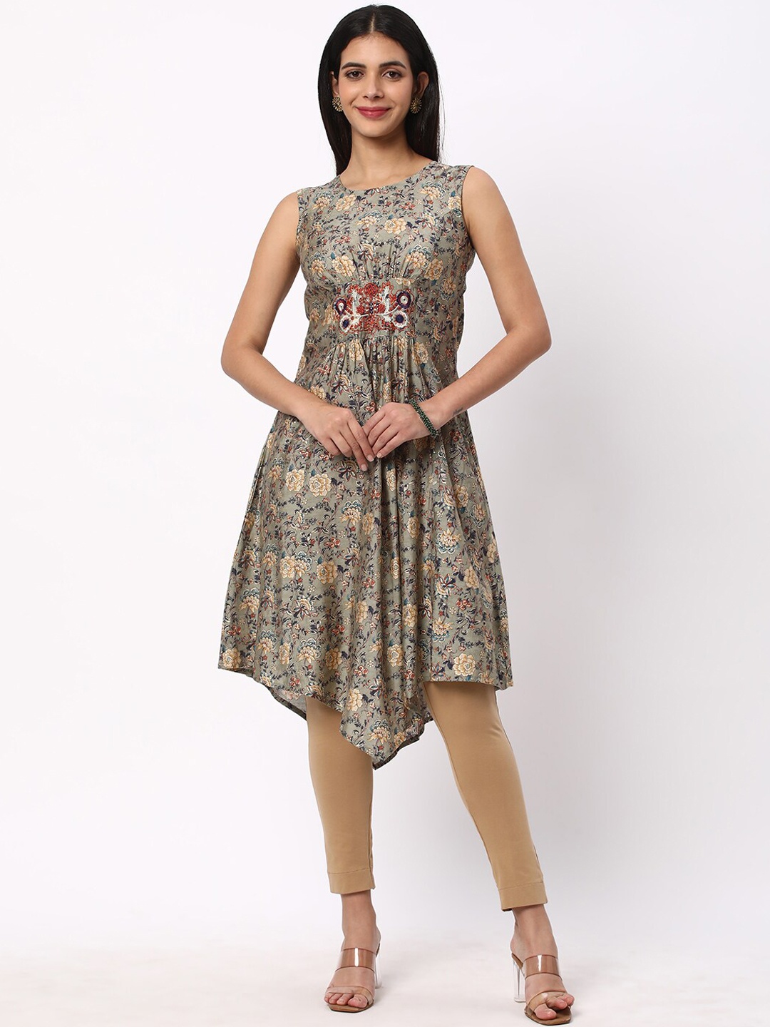 

R&B Floral Printed Thread Work A-Line Kurta, Grey