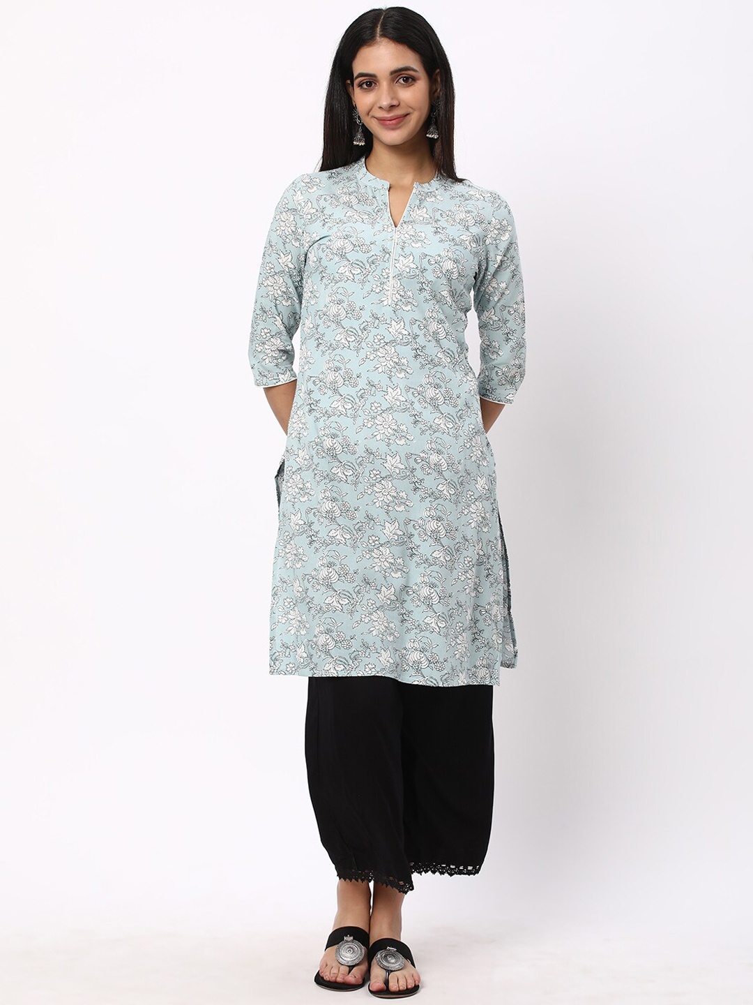 

R&B Floral Printed Straight Kurta, Grey