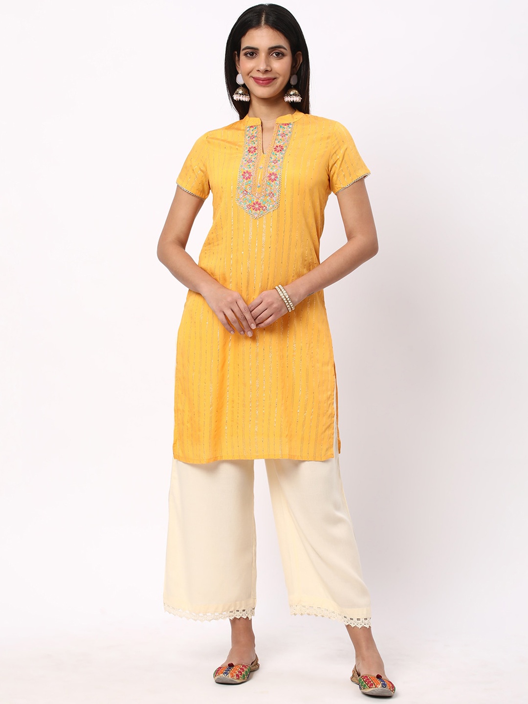 

R&B Floral Yoke Design Thread Work Kurta, Yellow