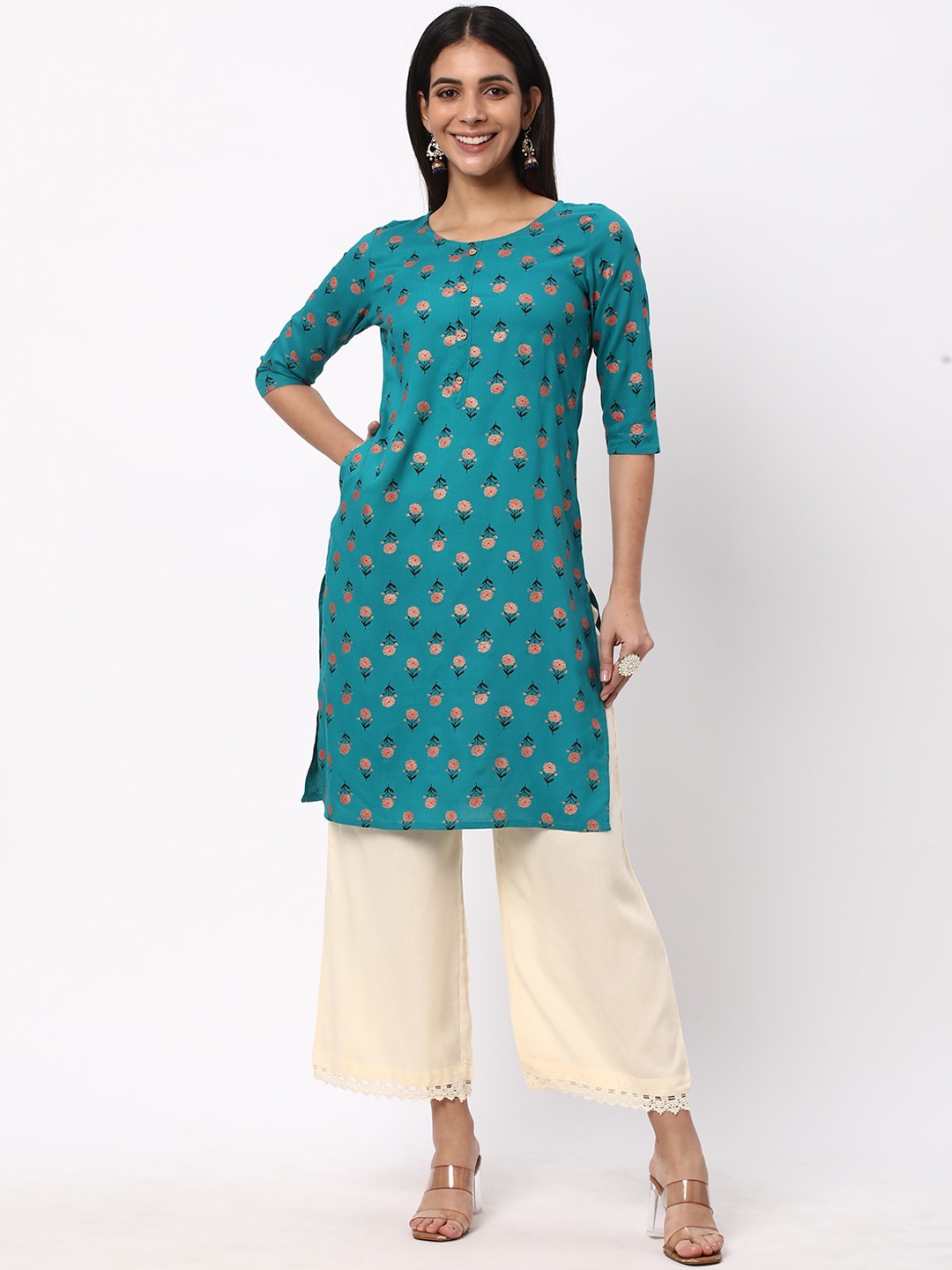 

R&B Floral Printed Round Neck Straight Kurta, Blue