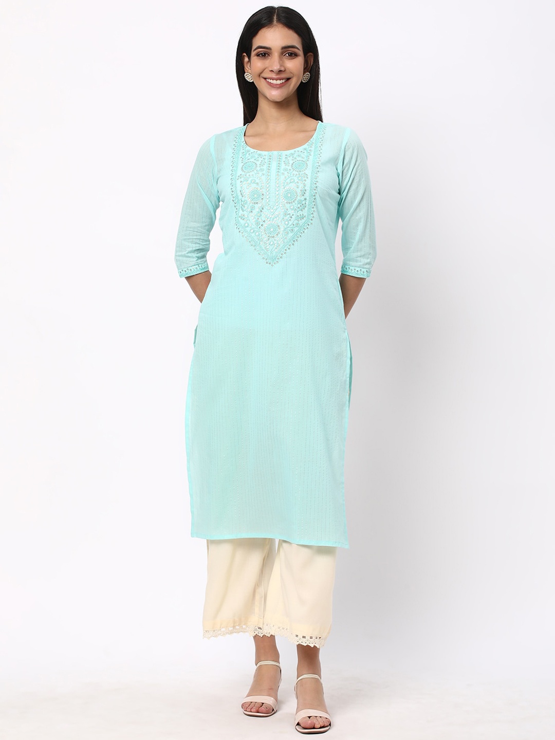 

R&B Striped Round Neck Sequined Pure Cotton Straight Kurta, Blue