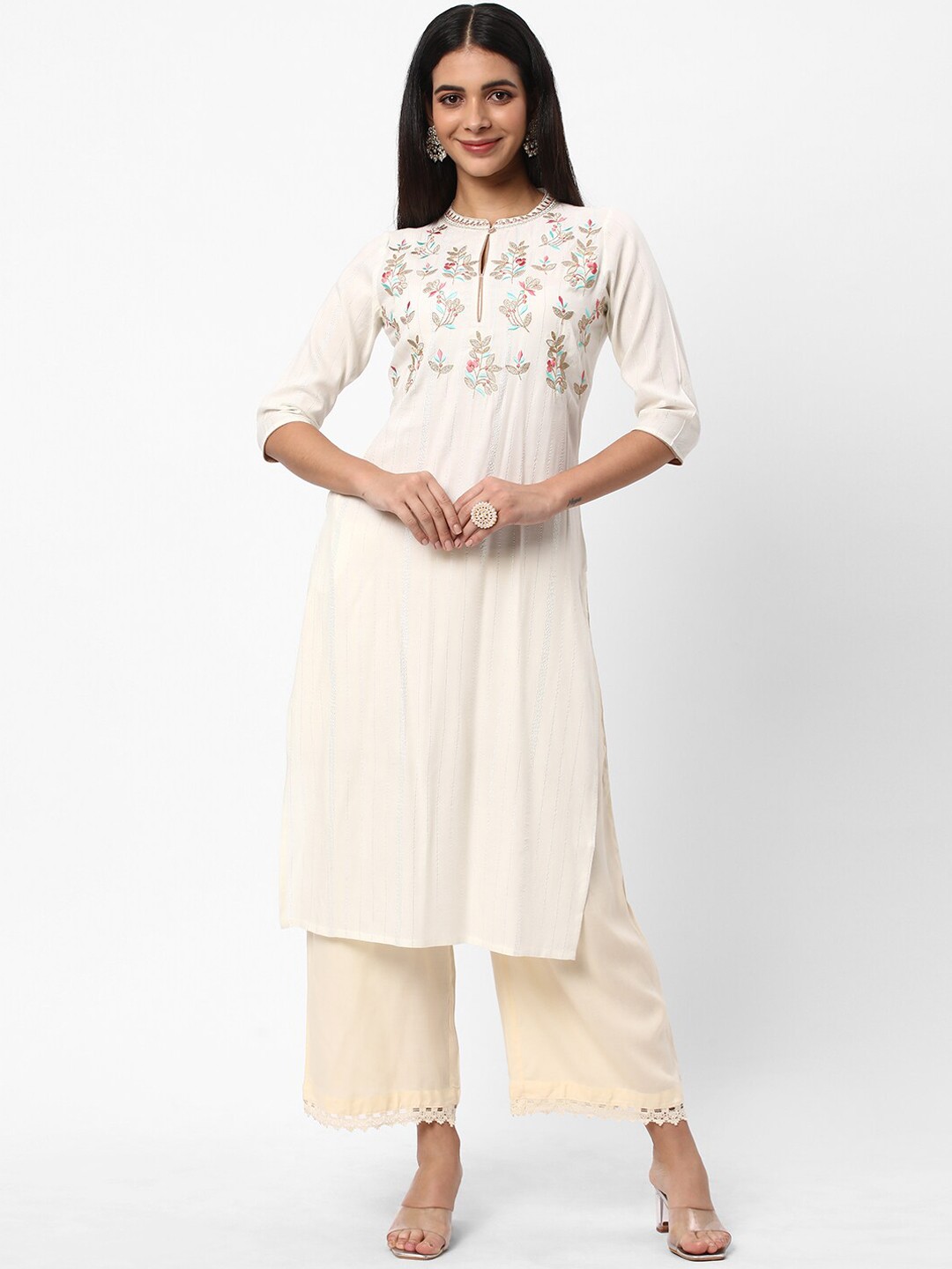 

R&B Women White Floral Embroidered Thread Work Kurta