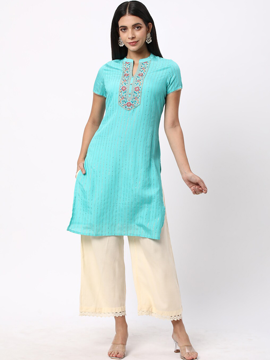 

R&B Striped Thread Work Sequinned Straight Kurta, Blue