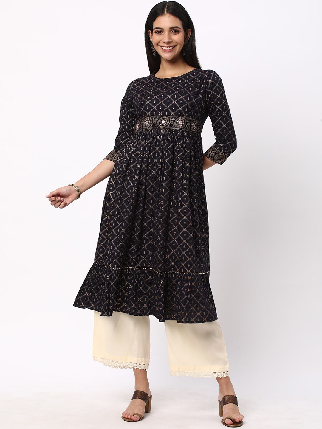 

R&B Ethnic Motifs Printed Mirror Work A-Line Kurta, Blue