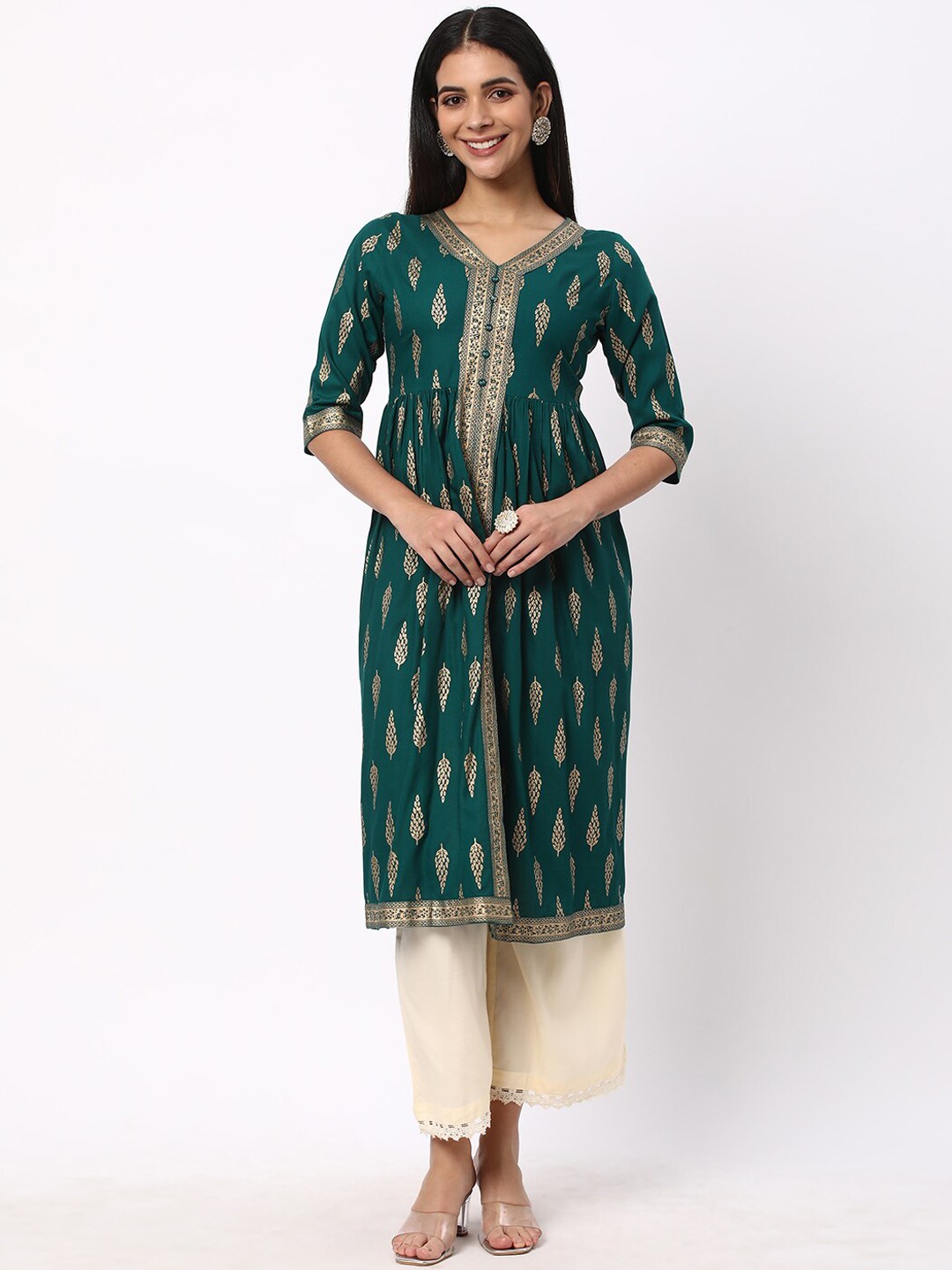 

R&B Ethnic Motifs Printed A-Line Kurta, Green