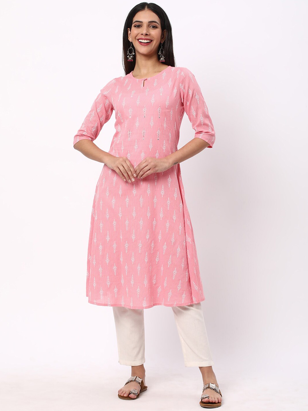 

R&B Ethnic Motifs Printed Keyhole Neck Beads and Stones Cotton A-Line Kurta, Peach