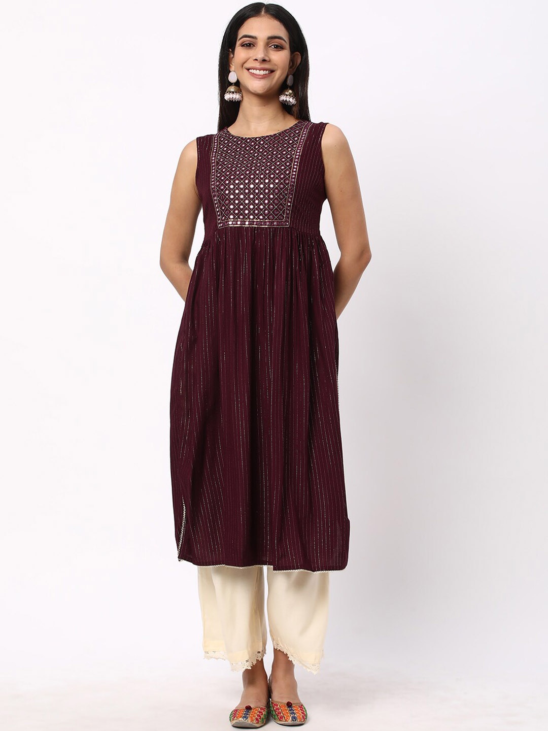 

R&B Ethnic Motifs Embroidered Mirror Work A-Line Kurta, Maroon