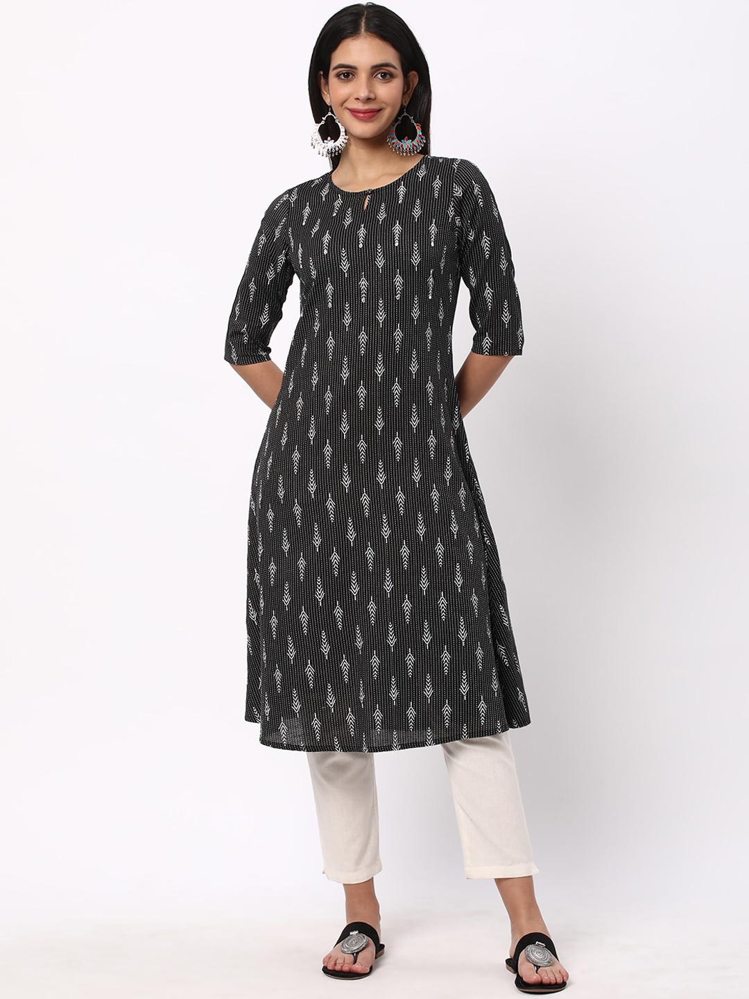 

R&B Ethnic Motifs Printed Beads And Stones Detail Cotton Kurta, Black