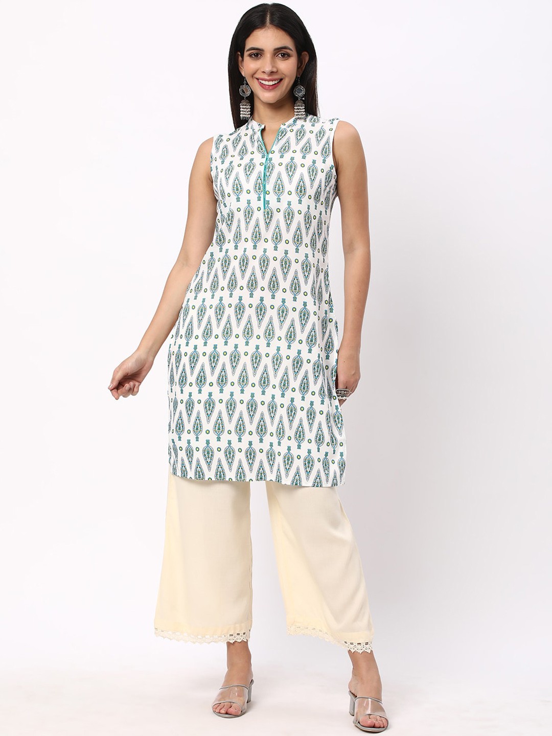 

R&B Ethnic Motifs Printed Mandarin Collar Straight Kurta, White