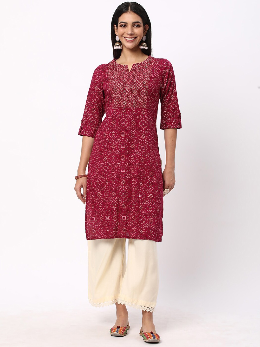 

R&B Bandhani Printed Thread Work Straight Kurta, Red