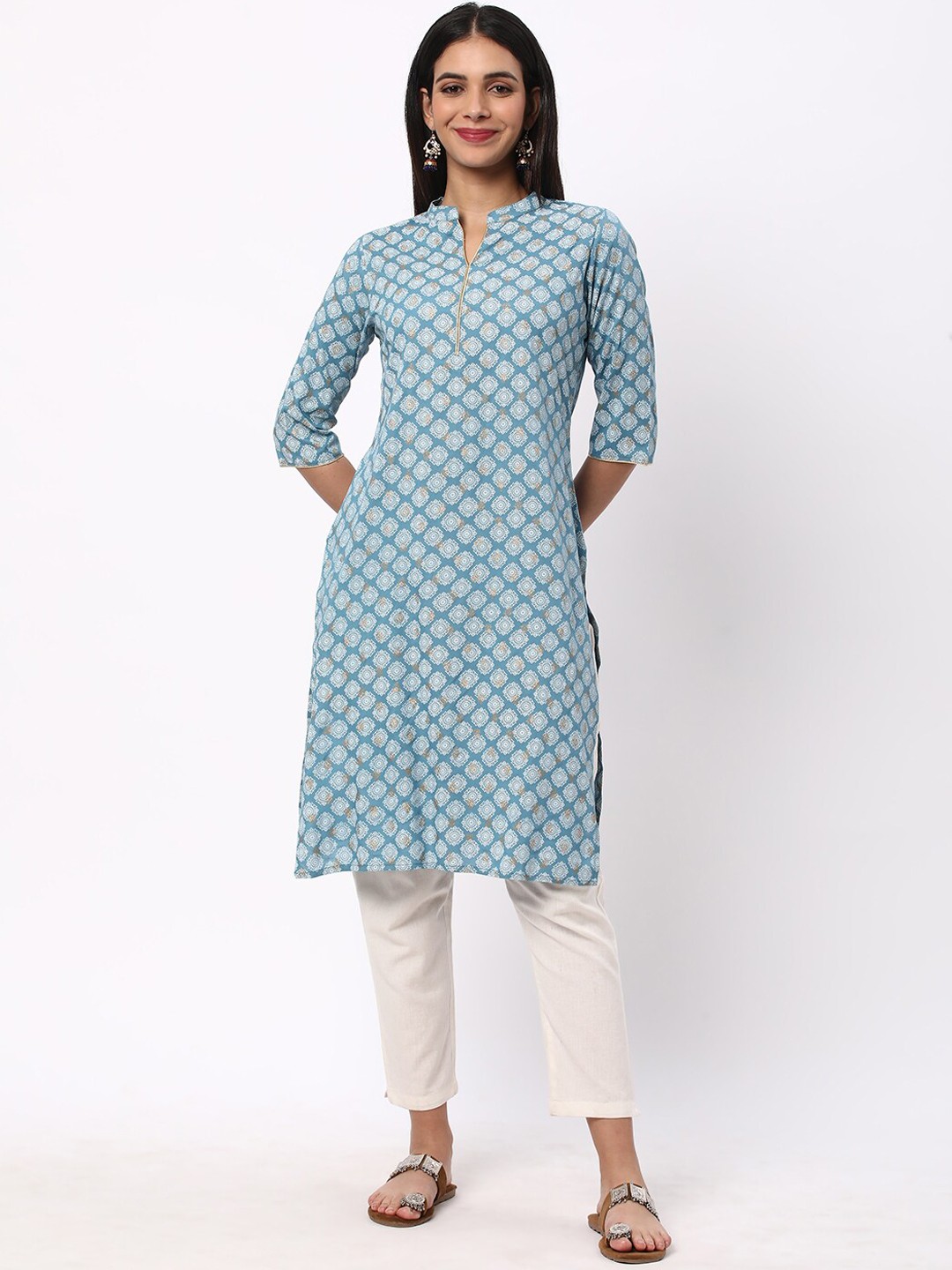 

R&B Ethnic Motifs Printed Mandarin Collar Straight Kurta, Blue