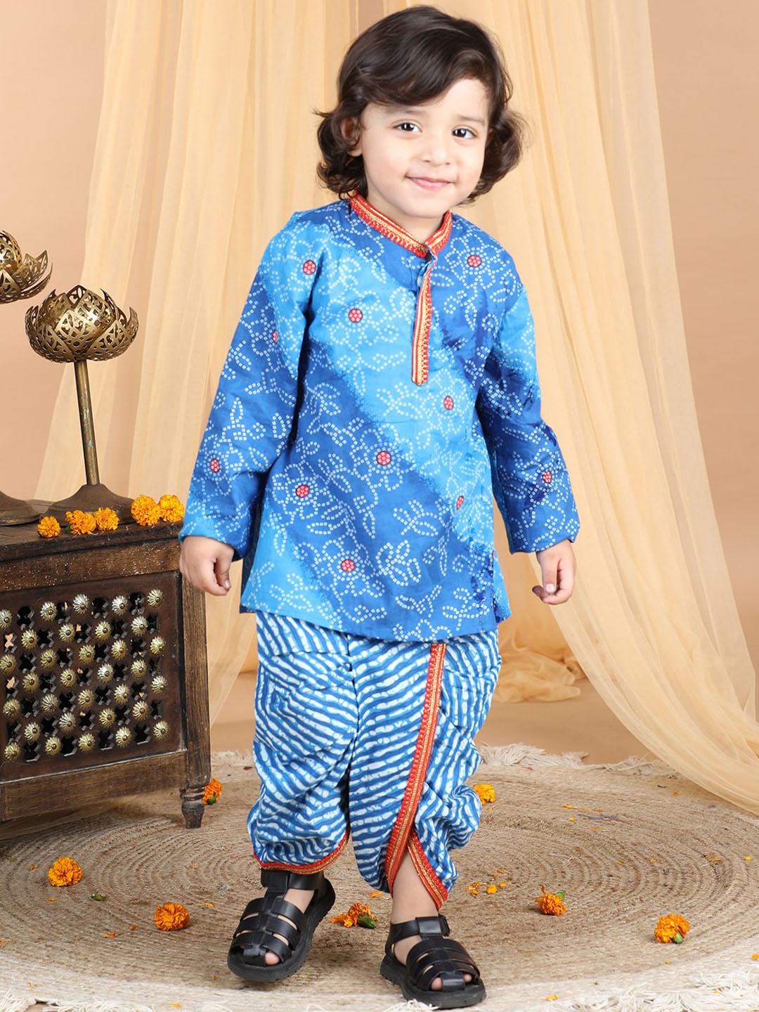 

kidcetra Boys Bandhani Printed Pure Cotton Kurta With Dhoti Pants, Blue