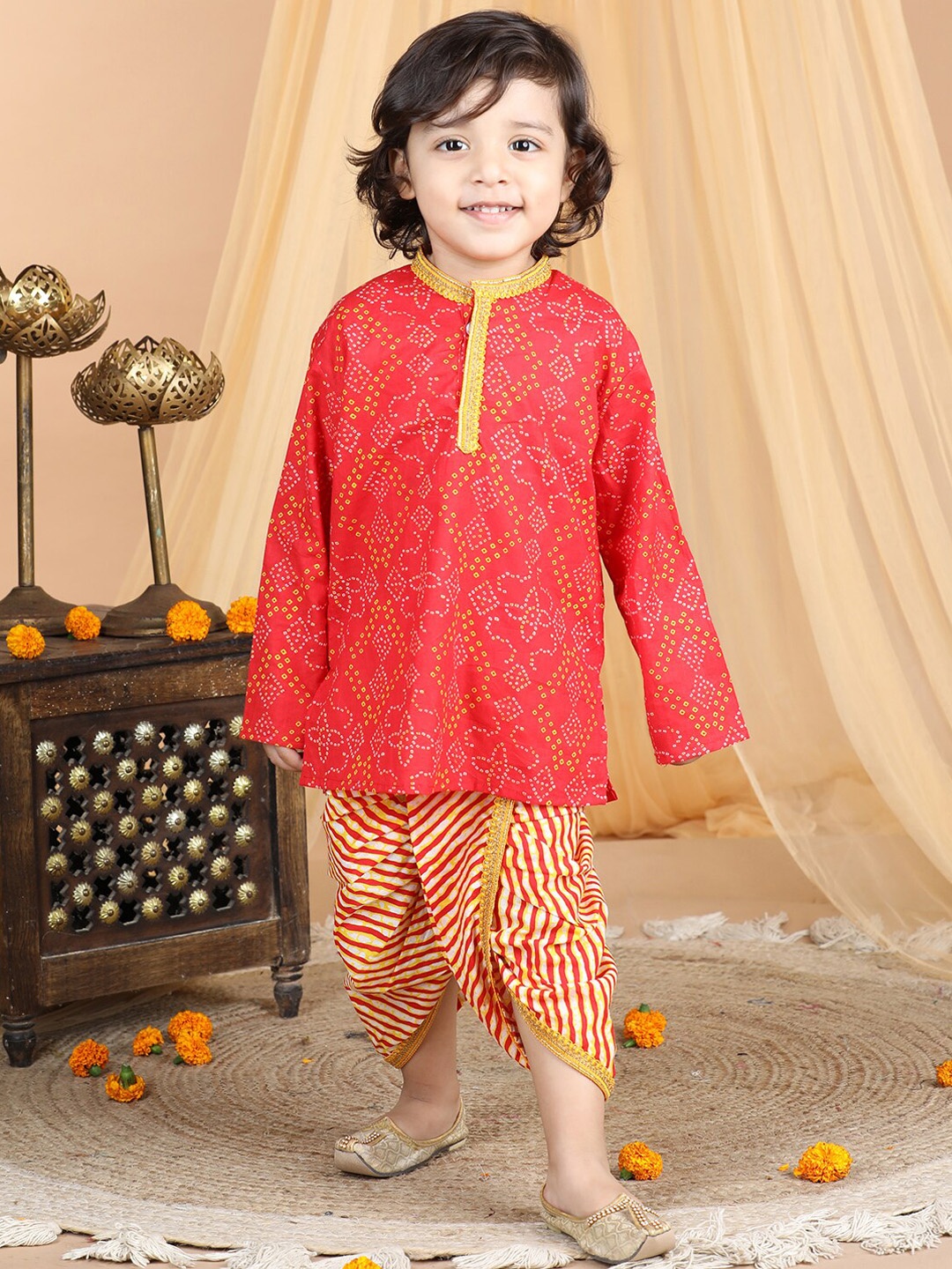 

kidcetra Boys Bandhani Printed Thread Work Pure Cotton Kurta With Dhoti Pants, Red