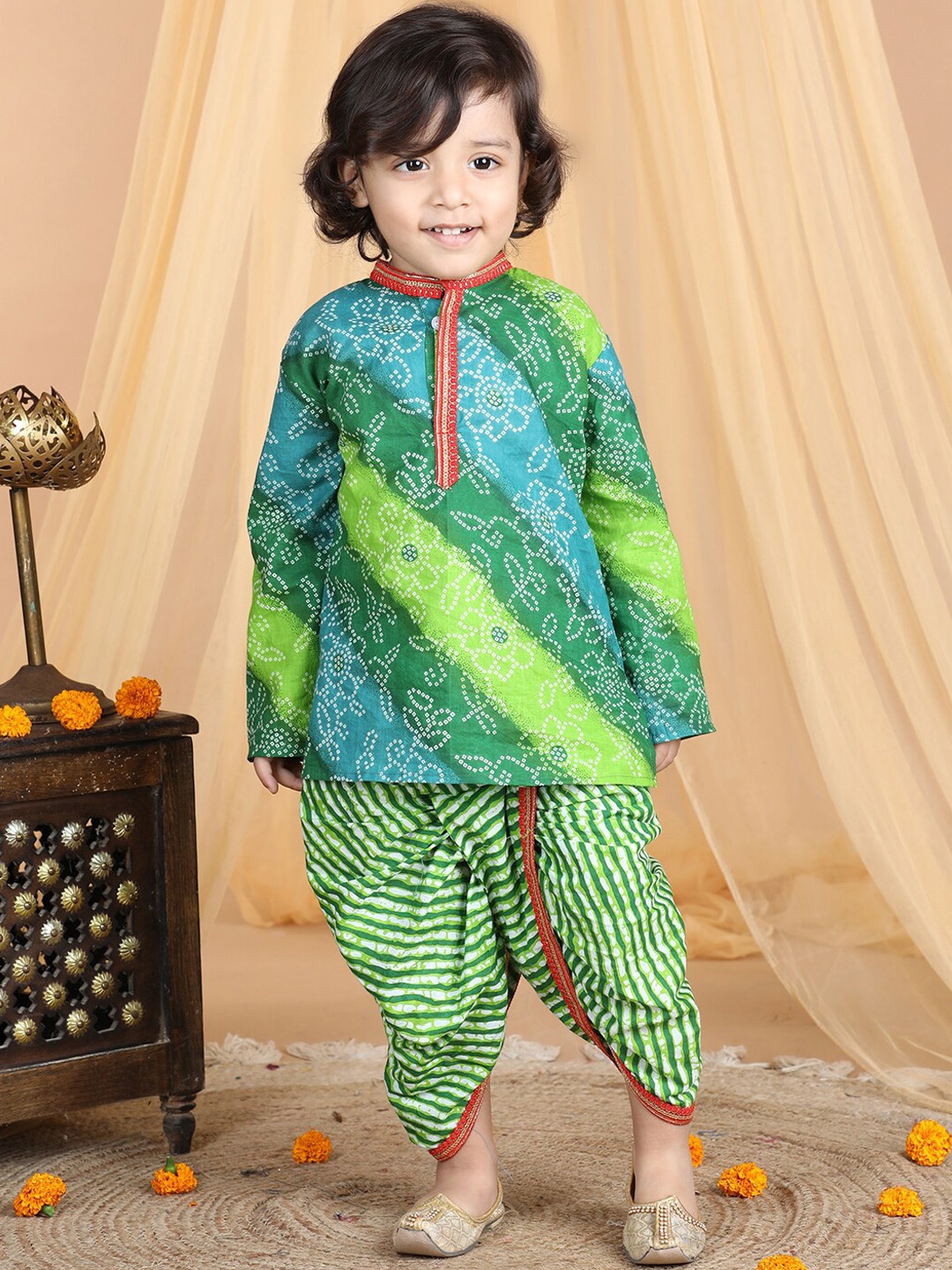 

kidcetra Boys Bandhani Printed Pure Cotton Kurta With Dhoti Pants, Green