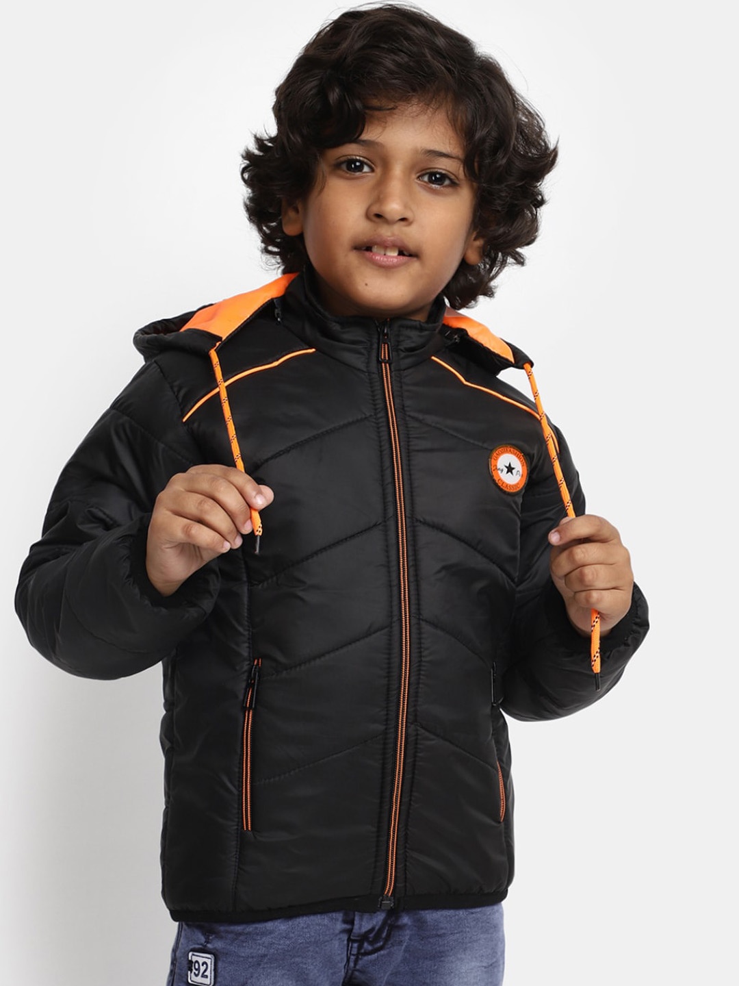 

V-Mart Boys Colourblocked Hooded Cotton Padded Jacket with Patchwork, Black