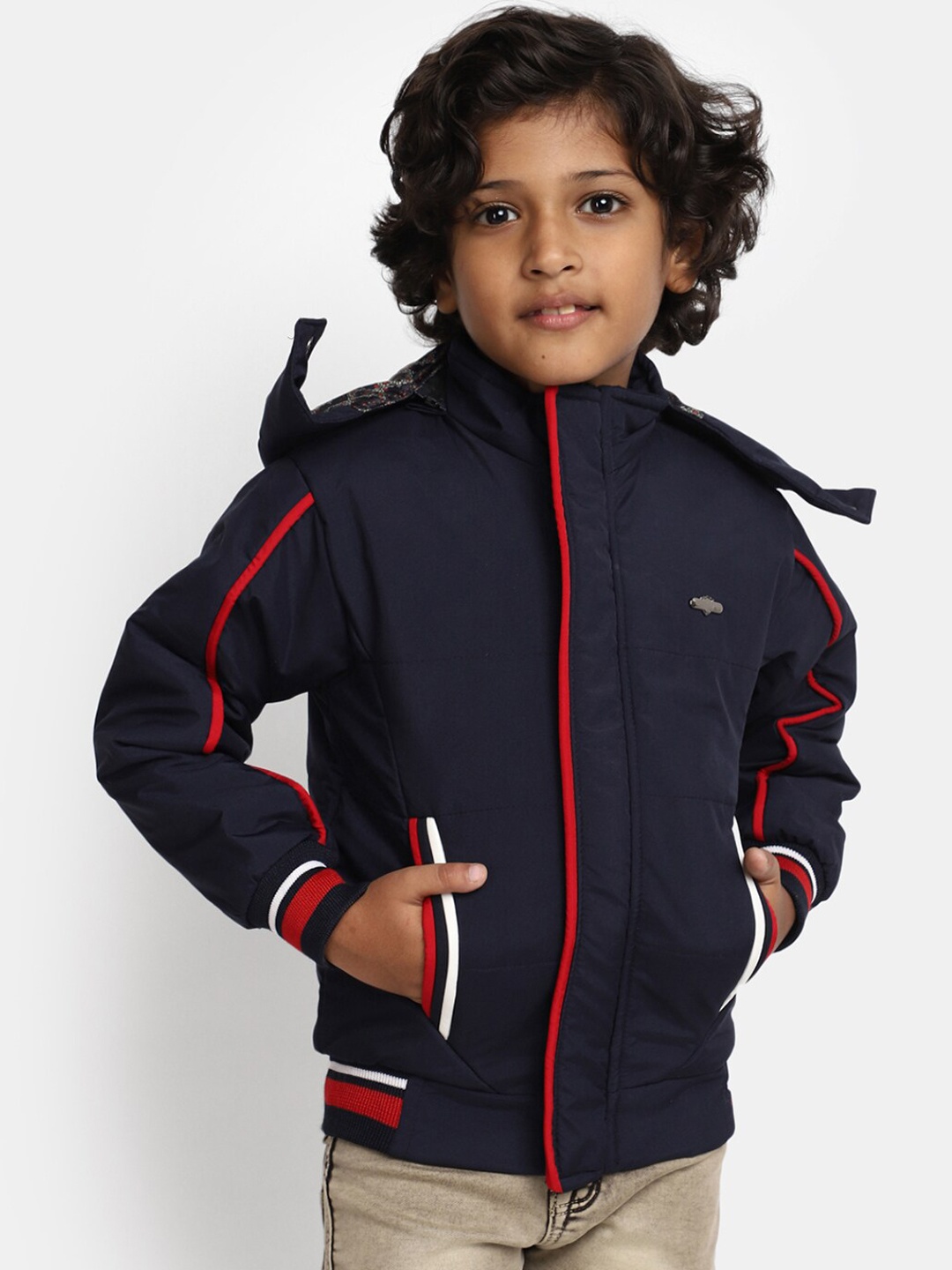 

V-Mart Boys Colourblocked Hooded Cotton Bomber Jacket With Zip Detail, Blue