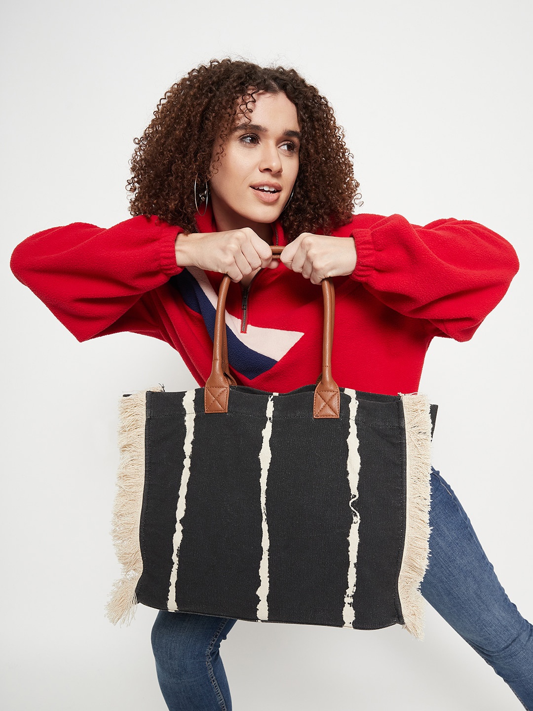 

DressBerry Black Textured Oversized Structured Tote Bag with Fringes