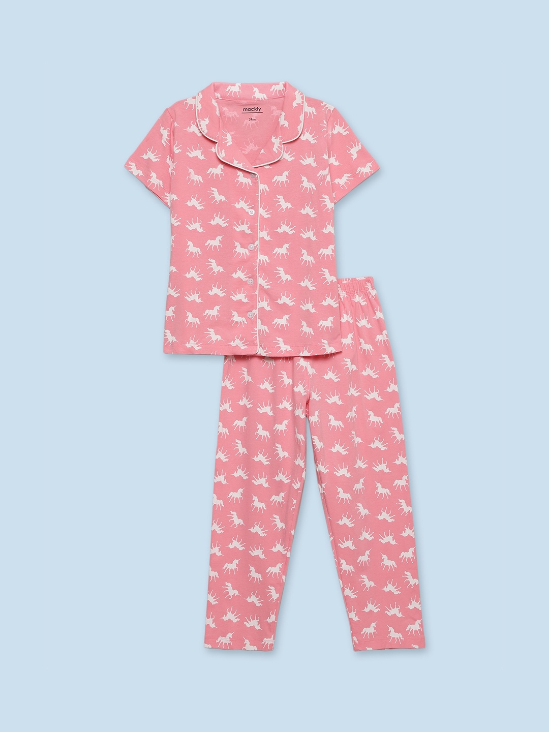 

mackly Girls Conversational Printed Lapel Collar Cotton Night suit, Coral