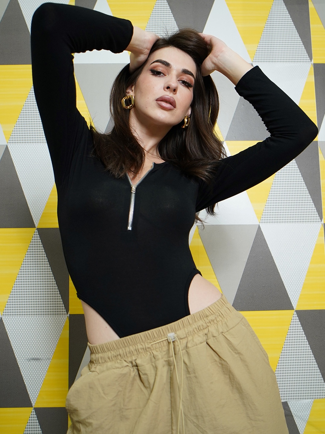 

StyleAsh Front-Zipper Cut-Out Bodysuit, Black
