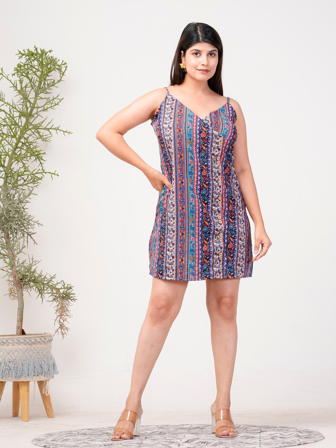 

Riara Ethnic Motifs Printed Shoulder Straps A-Line Dress, Blue
