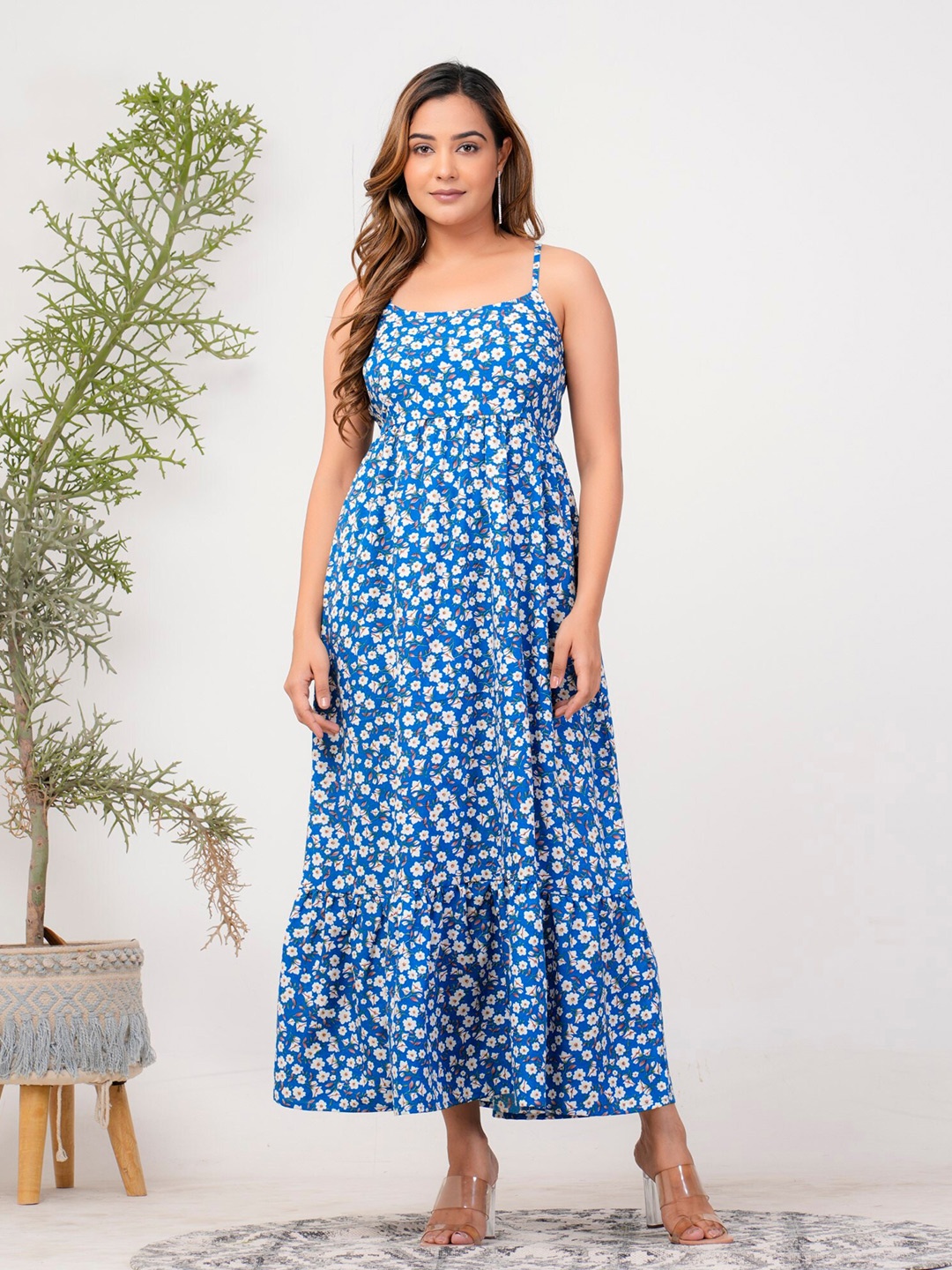 

Riara Floral Printed Shoulder Straps Maxi Dress, Blue
