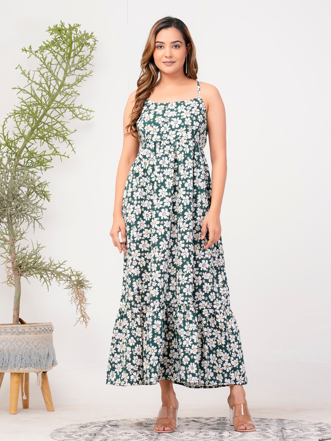 

Riara Floral Printed Shoulder Straps Maxi Dress, Green