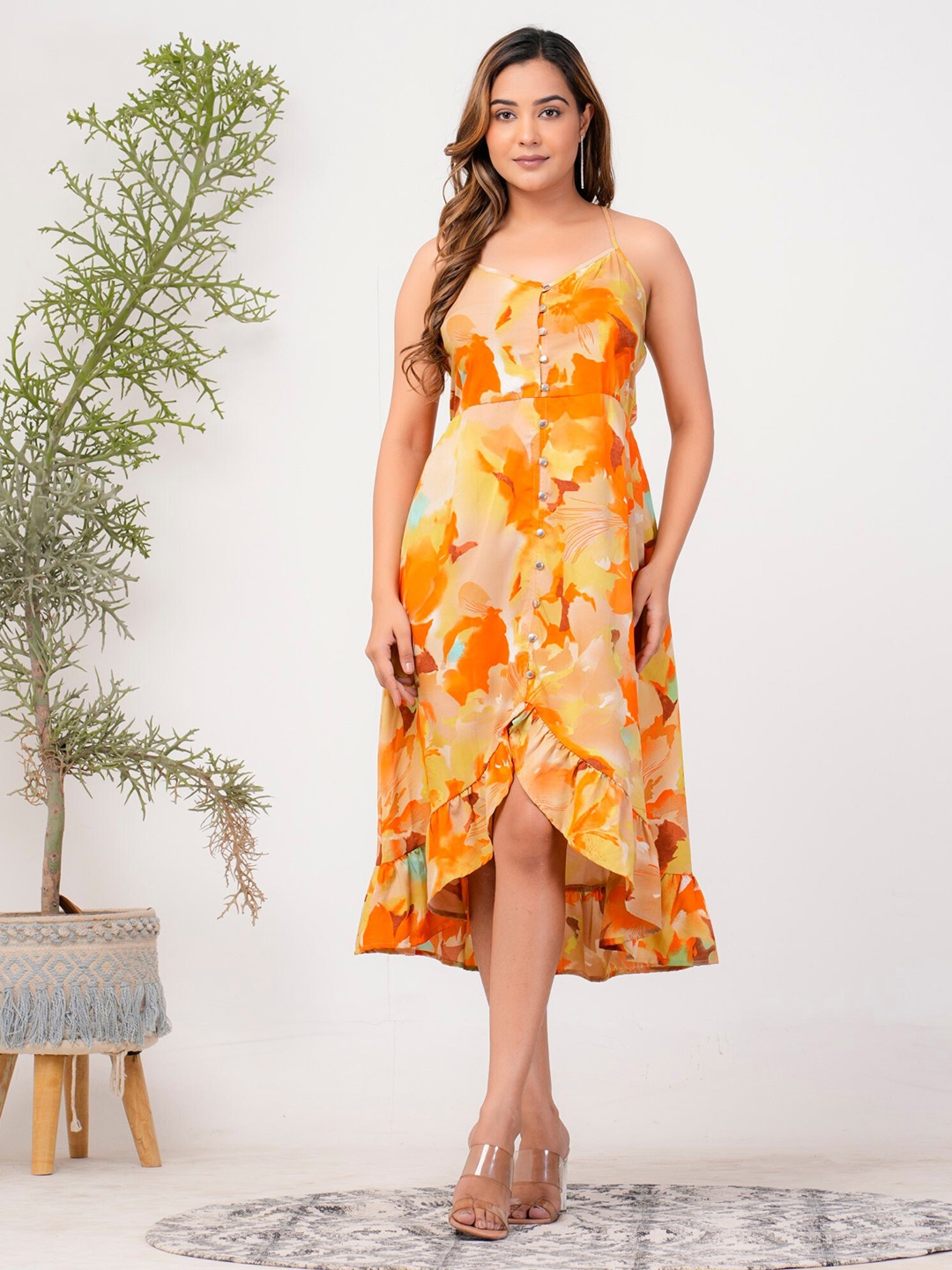 

Riara Floral Printed Shoulder Straps Crepe A-Line Midi Dress, Yellow