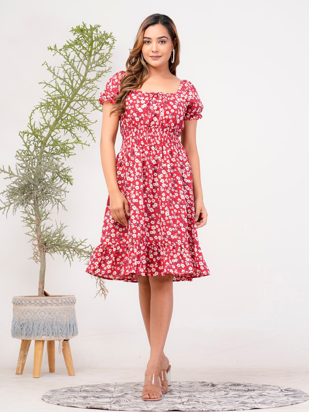 

Riara Floral Printed Square Neck Puff Sleeve Crepe Fit & Flare Dress, Red