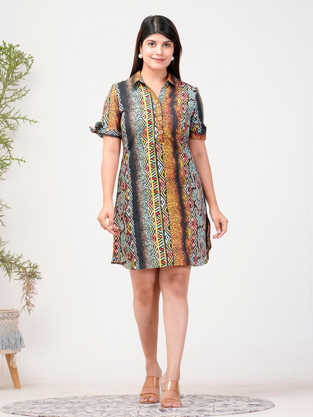 

Riara Ethnic Motifs Printed Shirt Collar Short Sleeves Shirt Dress, Black