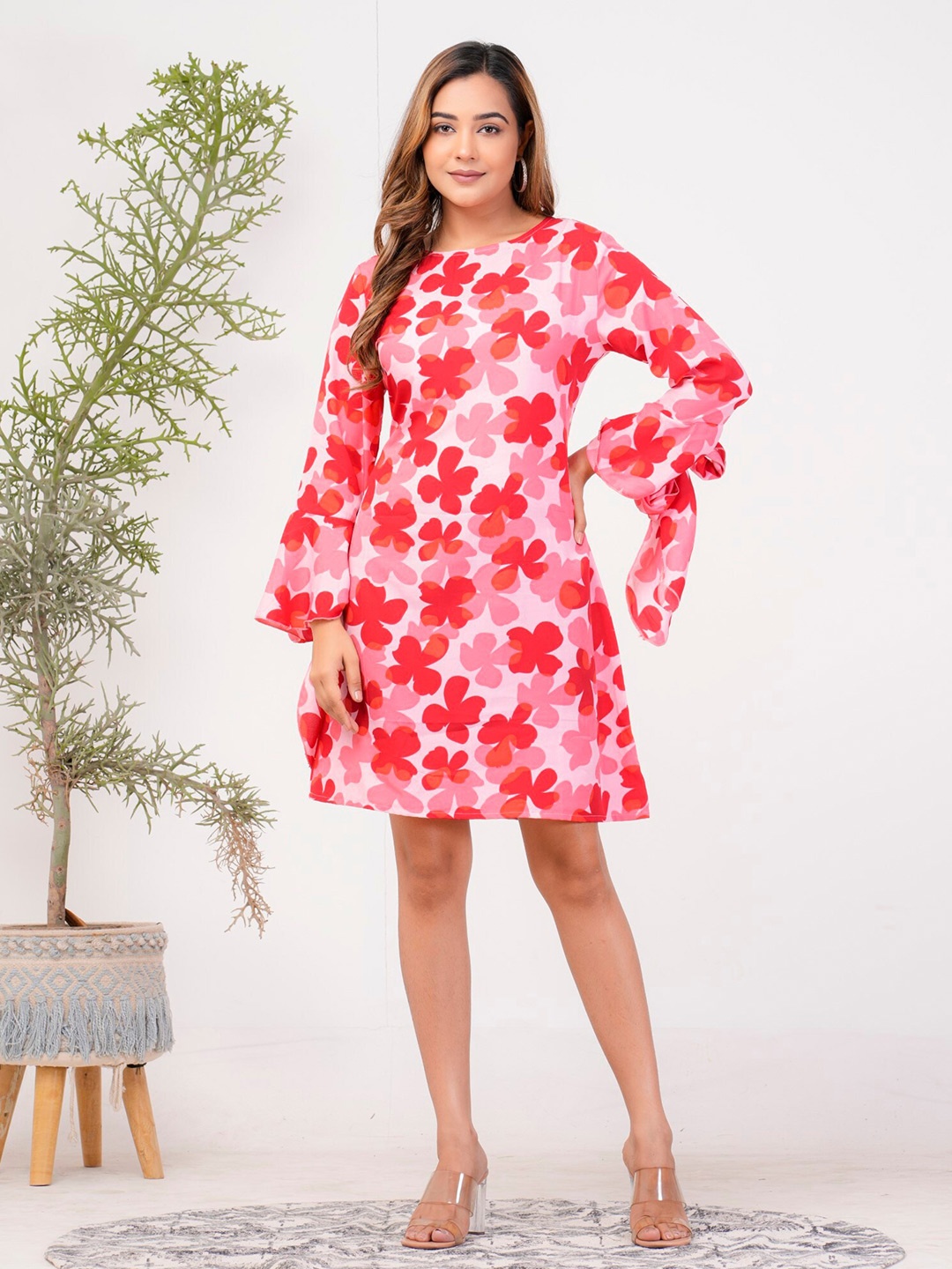 

Riara Floral Printed Bell Sleeves Crepe A-Line Dress, Red